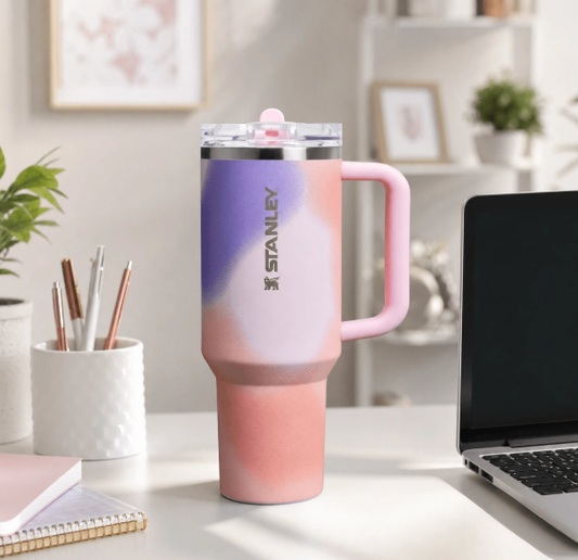 Stanley 40oz pink purple gradient tumbler with handle and straw