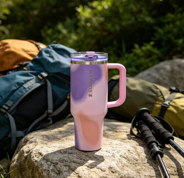 Stanley 40oz pink purple gradient tumbler for outdoor use