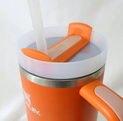 Stanley 40oz matte orange tumbler close-up of lid and handle