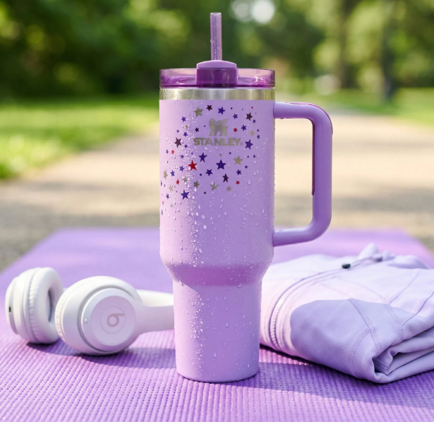 Stanley 40oz purple star pattern tumbler with handle and straw