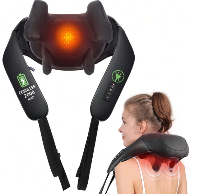 Wireless heated neck and shoulder massager with adjustable straps