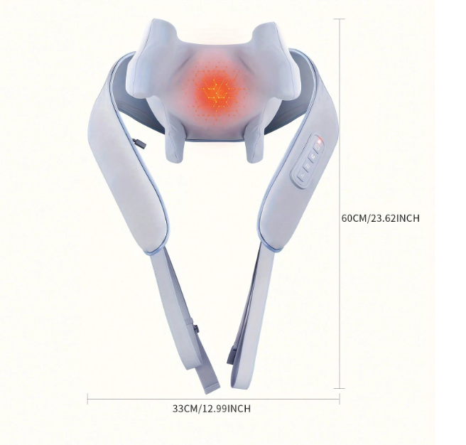 Wireless heated neck and shoulder massager in white with dimensions