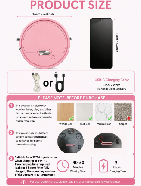 Mini robot vacuum cleaner product size and charging details
